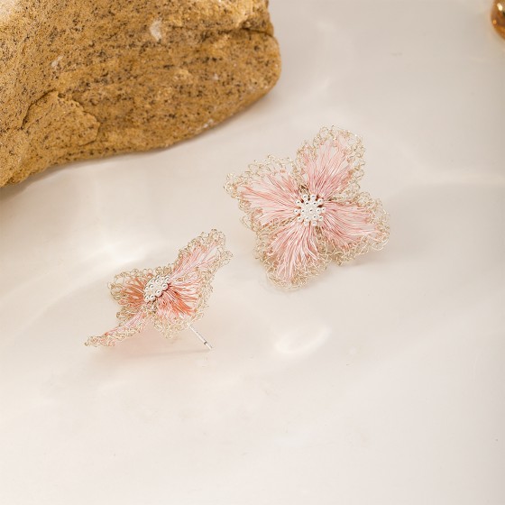 Handwoven Romantic Pink Floral Stud Earrings