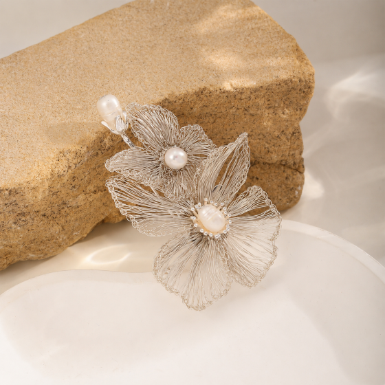 Handwoven Copper Wire Floral Brooch with Pearl Accents