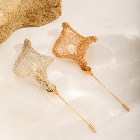 Handwoven Copper Wire Floral Brooch with Pearl Accents