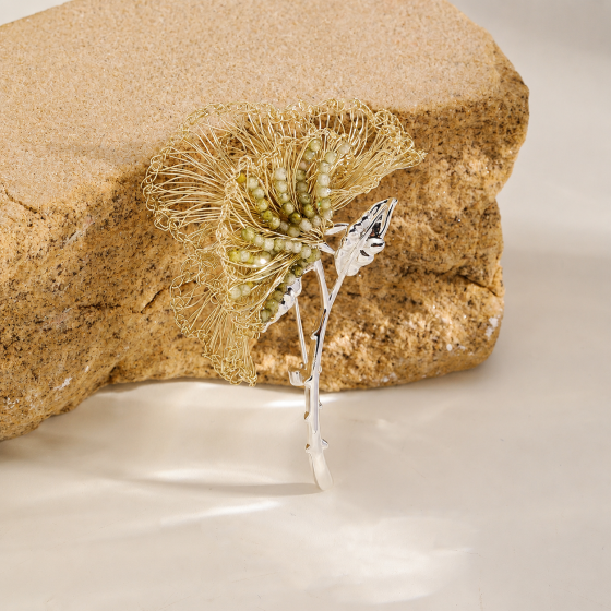 Handwoven Copper Wire Flower Brooch with Faceted Crystal